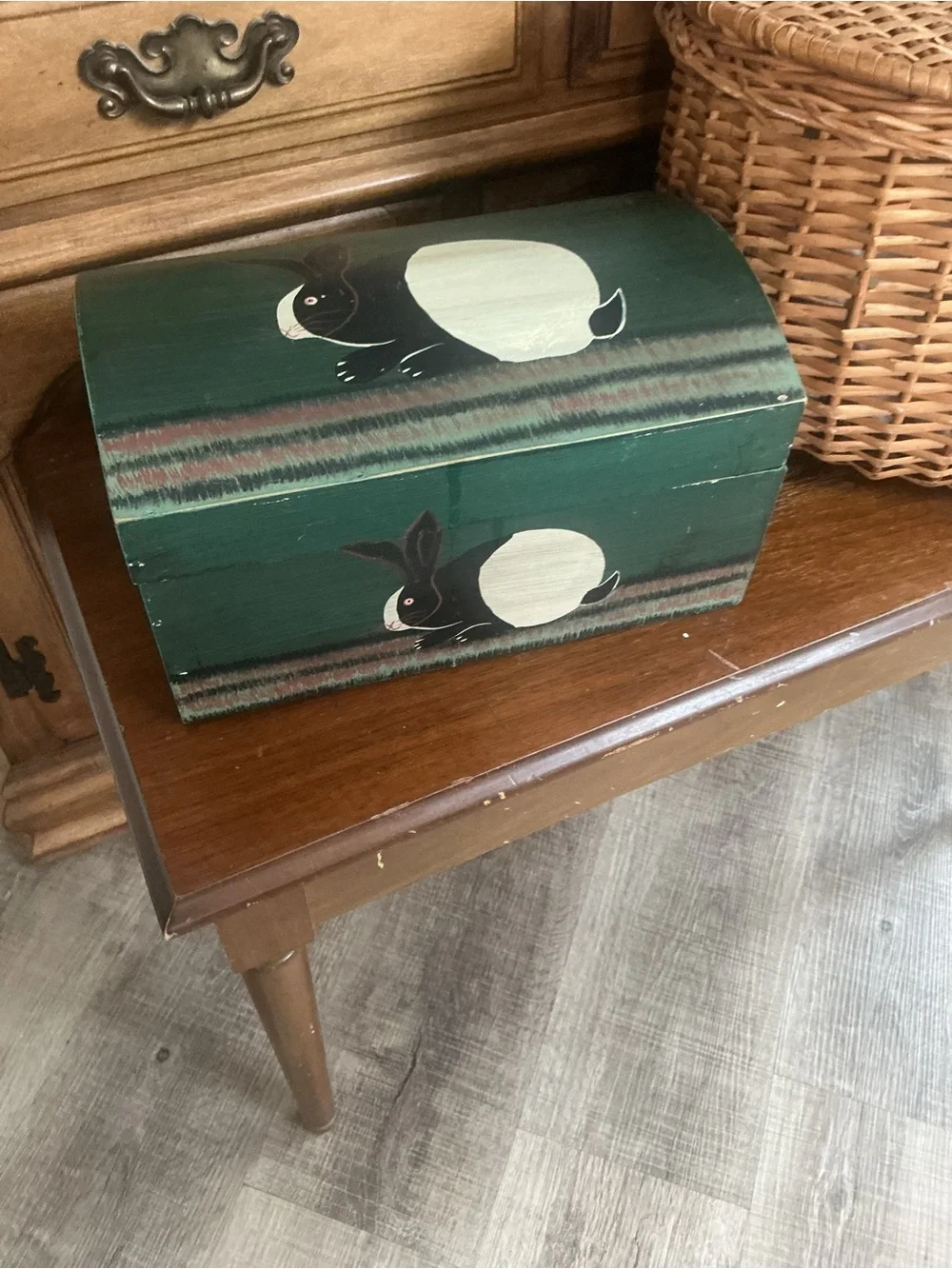Vintage Warren Kimble Wooden Box Folk Art Green Trunk Bunny Rabbit Keepsake 12